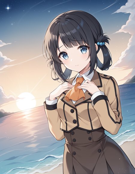 score_9, score_8_up, score_7_up, source_anime, rating_safe, BREAK <lora:miunaXL_LoRA-C3Lier_AdamW_Dim8_Alpha8_UN-3e-4_TE-1.5e-4_10batch_ponyDiffusionV6XL_v6StartWithThisOne:1>, miuna shiodome, 1girl, black hair, folded hair, hair rings, blue eyes, hair bobbles, beige jacket, orange ascot, long sleeves, white shirt, brown skirt, black pantyhose, cowboy shot, standing, hands on own chest, looking at viewer, dutch angle, sad, ocean, sunset, sunlight, horizon, gradient sky, star \(sky\), night sky, cloud