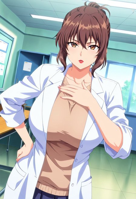 general,highres, ultra-detailed,very aesthetic,best quality ,best hands,best eyes,easynegative,
dynamic anglre, dutch angle, anime cloring,
1girl solo,looking at viewer,indoors,school,hand on hip,
Aiko Katsuragi, brown hair, brown eyes, huge_breasts, lipstick,labcoat,
