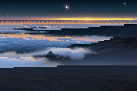 flying island in heaven, fog, night,
