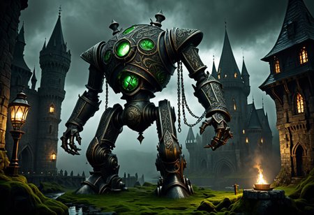 giant bipedal robot dirty dark silver and dark green, bronze paisley robot. lacy robot metal kettle head. outside of a steampunk keep. large detailed torso. dark image. one forty foot tall ancient robot with great arms and two heavy spring legs. dark foggy night background. $dark foggy night image only. dark photo realistic image. steampunk details. cogs, chains and pipes incorporated in the fantasy buildings. magic wizards tower in background. Dark swamp, moss, castle ruins, wizards tower. stormy dark night.  stormy sky.