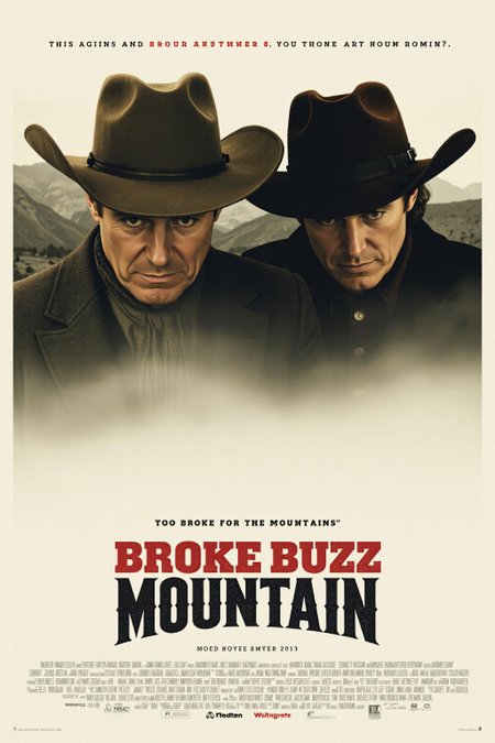 mvpstr. Epic movie poster for "Broke Buzz Mountain" featuring a close-up of two sad-looking cowboys, looking downward in a somber, defeated expression. Their cowboy hats are slightly tilted, casting shadows over their eyes, highlighting a sense of struggle. The background is a faded, desolate mountain range, hinting at their past in the Wild West. The tagline beneath them reads, "Too broke for the mountains, need buzz," in bold, distressed lettering, adding a humorous twist to the melancholic mood. The overall design mimics classic movie posters, blending dramatic visuals with a playful, tongue-in-cheek message. <lora:schnell_v1.0:1.0> <lora:EpicMoviePoster-000015:1.0><lora:792314319846113571:0>