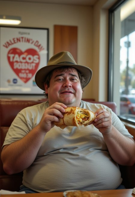 Photograph of an obese man with unkempt hair wearing a fedora and a tshirt sitting in a booth at Taco Bell holding an open breakfast crunchwrap with cross section of layered ingredients with fillings  inside a folded grilled toasted tortilla. The man is crying. There is a sign on the wall advertising a Valentine's Day special on tacos.