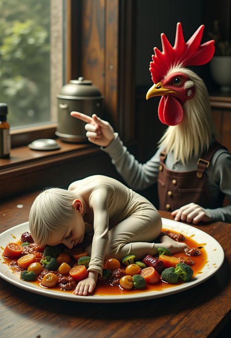 in an alternate universe a human lays face down in a curled up yoga position on a plate surrounded by vegetables covered in purge. an anthropomorphic chicken sits at a table in the restaurant. he is angrily pointing at the humanoid-shaped dish on his plate and talks to the chicken waiter next to him <lora:Dever_Flux_Enhancer:0.5>