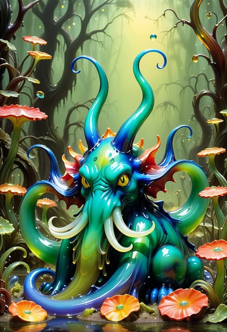 score_9, score_8_up, score_7_up, 
Cthulhu in a swamp, eerie moonlight, green mist, fireflies, made out of glasws, colorful, liquid, Murano Art Glass, advntr