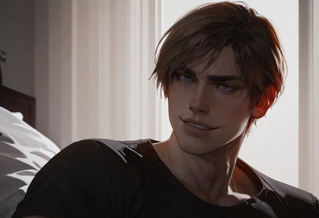 safe_pos, score_9, score_8_up, score_7_up, score_6_up, score_5_up, hyperdetailed, hyperrealistic, intricate details, mood lighting, cinematic lighting, volumetric lighting, indoors, masculine white male, muscular, tall, 1boy, Leon Kennedy, brown hair, short hair, black tee shirt, facing viewer, alone, close up on face, sitting on bed, bedroom, smirking