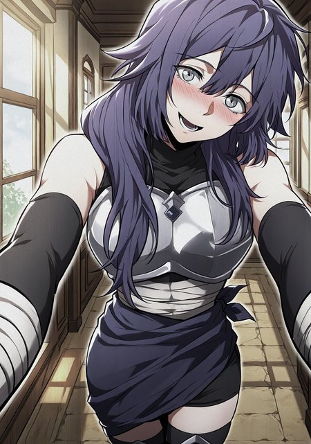 <lora:Lensa__The_Beginning_After_the_End__Illustrious:1>
Lensa, purple hair, dark ninja outfit, long purple hair, messy hair, layered hair, side bangs, gray eyes, black sleeveless top, armor chestplate, tied waist cloth, short skirt wrap, thigh-high black stockings, armored knees, athletic build
score_9, score_8_up, score_7_up, score_6_up, source_anime, rating_explicit, 1girl, solo, smile, embarrassed, alcalose eyes, open mouth, mansion, indoors, looking at viewer, outstretched arms, pov, close-up, (head tilt:1.2)