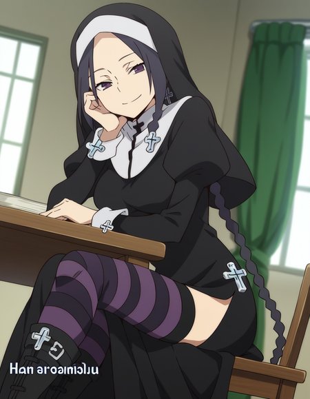 score_9, score_8_up, score_7_up, source_anime, <lora:yae-shinatsuhiko-hnu-ponyxl-lora-nochekaiser:1>, yae shinatsuhiko, long hair, purple eyes, braid, parted bangs, forehead,, thighhighs, striped, cross, striped thighhighs, nun, habit, long sleeves, dress, jewelry, boots, necklace, side slit,, indoors, smile, looking at viewer, solo, sitting, head rest, table,, cowboy shot, dutch angle
