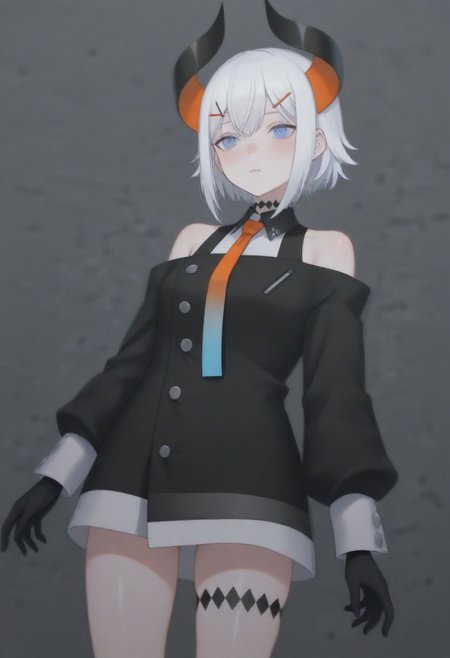 masterpiece, best quality, amazing quality,,, shiny skin,,,,,,,,nijilevi,,blue eyes,white hair,horn,pail skin,short hair,hairclip,nijilevicos,collared shirt,bare shoulder,gradient necktie,puffy long sleeves,white cuffs,black gloves,single thigh strap,