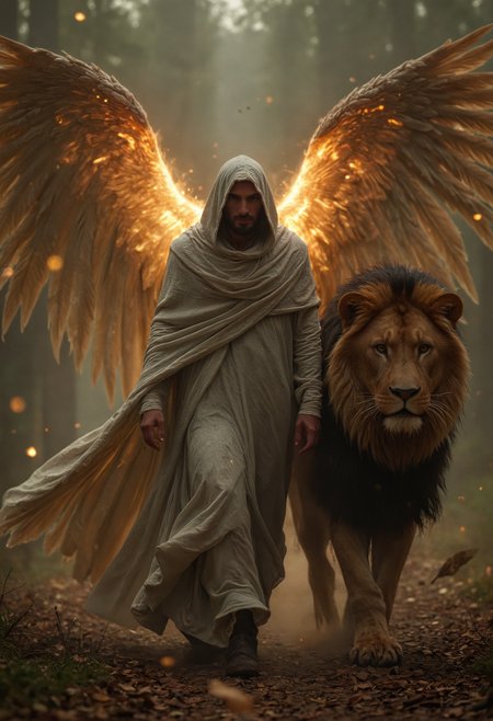 Cinematic, photorealistic, extremely detailed, best texture quality, depicts a mysterious cloaked figure, with several divine large gigantic glowing golden wings, void of a distinguishable face, shrouded in a flowing white fabric that drapes over him, and the majestic gigantic black lion, walking side by side, and they walking under a cloudy, ominous sky in a somber, cold palette, suggesting an atmosphere of foreboding and silent strength, particles flying, feathers falling around them, very dark atmosphere, low key, volumetric lighting, shallow depth of field, <lora:CinematicStyle_v1:1>, <lora:Flux-style-xl-lora:0.5>, <lora:DetailMaximizer:1>, <lora:NicolaSamori:0.5>