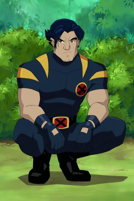 masterpiece, best quality, highres, newest, logan, xevosuit, 1boy, solo, male focus, mature male, short hair, dark blue hair, brown eyes, thick eyebrows, facial hair, stubble, sideburns, bodysuit, dark blue bodysuit, short sleeves, dark blue gloves, black belt, pants, black footwear, muscular, looking at viewer, squatting, full body, outdoors, nature, bush <lora:Wolverine (Logan) X-Men Evolution (Second Suit+Logan) v1.1 [LoRA] - NoobAI-XL EPS 1.0:0.8>