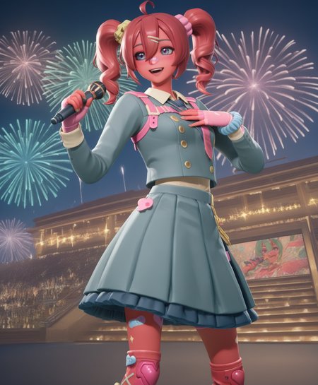 highly detailed, (upper body:1.3), (singing on stage, concert hall, night, fireworks, holding microphone, detailed background, hand on own chest, singing:1.5), (fortnite_nemia:1.6), 1girl, solo, green hair, twintails, ponytail, long hair, bangs, hair between eyes, hair over one eye, ears, horns, oni horns, single horn, red skin, pink skin, blue eyes, parted lips, bandaid, bandaid on nose, bandaid on thighs, colored skin, hair ornament, hairclip, scrunchie, kasane teto, boots, bow, buttons, cross-laced footwear, double-breasted, drill hair, frilled skirt, frills, grey jacket, grey skirt, hair bow, jacket, lace-up boots, layered skirt, long sleeves, multicolored hair, red hair, red nails, shirt, skirt, sleeve cuffs, smile, twin drills, white bow, white hair, <lora:Fortnite_Nemia_Demonically_Cute_Set_ILXL_E29_16_DIM:1>
