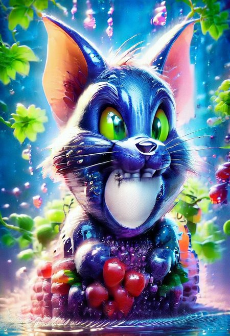 "Create an image of Tom and Jerry, with both characters made entirely of grapes. Tom should be composed of dark purple and green grapes, with bright eyes and a mischievous expression, posed as if he's sneaking up on Jerry. Jerry should be made of small, lighter-colored grapes, with a playful and cheeky expression, posed in a ready-to-sprint stance, as if he's about to escape from Tom. Their features should be detailed with water droplets, as if the grapes are cold. The background should be soft, with hints of a playful atmosphere to match the duo's dynamic, while the grapes should glow slightly, adding a fresh and vibrant touch to the image."
crystalz, Tomy, Jerry