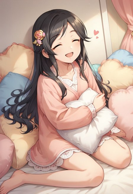 score_9, score_8_up, score_7_up, source_anime,momoi azuki, brown eyes, black hair, 1girl, closed eyes, long hair, solo, smile, hair ornament, pillow, open mouth, heart, barefoot, sitting, heart pillow