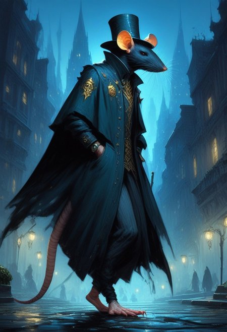 BREAK score_9, score_8_up, score_7_up,  night time, city, ominous, rat, top hat, cloak, smug, hands in pockets, gold ring, pocket watch, walking cane, full body shot, (one tail: 1.3)
(masterpiece, best quality, ultra detailed, intricate details:1.2), (detailed face:1.1), (rat folk:1.5) <lora:RPGRatFolkXL:1>