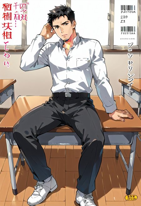 safe_pos, (Aaaild, Aaadjd, manga cover, magazine cover, text) source_anime, safe_pos, perfect anatomy, perfect proportions, best quality, masterpiece, high_resolution, high quality, solo focus, male focus, male only, bara, gay, homo, mature, masculine, manly, virile, macho, hunky, rugged, beefy, handsome, alluring, seductive, heroic, serious, grim, stern, unsociability, bluntness, gruffness, naughty face, moaning, dazed, looking away, focusing gaze, BREAK (asian man, dark eyes, black hair, sideburns, facial hair, thin stubble), BREAK (gakuran, black gakuran, black pants, white socks), BREAK sitting on desk, lying on back, relaxed pose, leaning slightly, one knee bent upward, legs spread, hand supporting head, contemplative expression, horny, kinky, domination, heavy breathing, enticed, excessively sweaty shiny skin, shading, countershading, indoors, classroom, wooden floor