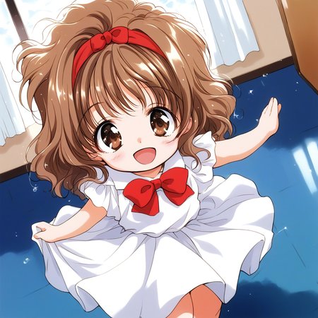 score_9, score_8_up, score_7_up, source_anime, rating_explicit, BREAK  <lora:Kana_graduate_XL:1> Kana_graduate, brown eyes, brown hair, long hair, red hairband, bangs, short stack, wave hair,
1girl, open mouth, red bow,  bowtie,   solo, clause up face,  white skirt,
smile,
room, flooring, curtain,
looking at viewer, 
cowboyShot,