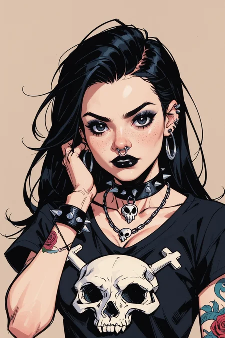 1girl, goth fashion, black lips, jewelry, black nails, solo, black hair, tattoo, earrings, ring, shirt, necklace, black shirt, spikes, piercing, bracelet, looking at viewer, choker, makeup, breasts, long hair, ear piercing, upper body, arm tattoo, nose piercing, freckles, spiked bracelet, lip piercing, punk, eyeshadow, blunt bangs, multiple rings, black choker, skull necklace, cleavage, nail polish, skull, medium breasts, print shirt, skull print, hand tattoo, black eyes, a_Comic_Illustration, rough lines with ink, (drawn:1.1), (sketch:1.5), (crosshatching:1.25), (comic style:1.1), graphic novel style, sharp lines, hires, zstyle, (western comics \(style\):1.1), (hatching \(texture\):1.2), zPDXL, Mr_Monster_Possitive, <lora:Expressive_H:0.5>, score_9, score_8_up, score_8_up,