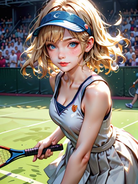 score_9,score_8_up,score_7_up,highly detailed,depth of field,high resolution,sharp focus,detailed skin,skin pores,detailed realistic photo,
one beautiful female,blonde hair,freckles,big smile,white skirt,pleated skirt,cleavage,white visor,swinging tennis racket,