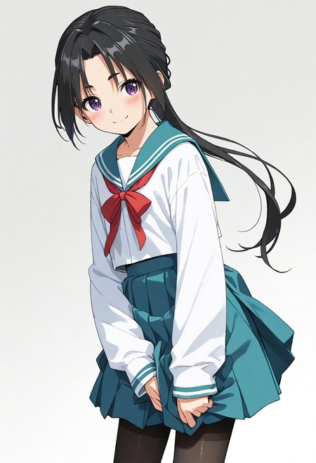 score_9, score_8_up, score_7_up, source_anime,
1boy, solo, 
<lora:Hyper-SDXL-8steps-lora:1> 
tokiyuki, crossdressing,blush,parted bangs, black hair, 
<lora:tokiyuki.pony:0.8>long hair, ponytail, smile, 
simple background, grey background, 
school uniform, serafuku, pantyhose, long sleeves,