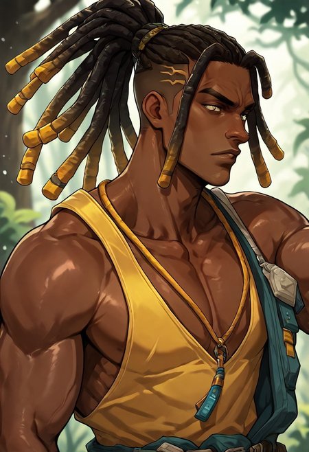 masterpiece, best quality, newest, absurdres, highres, FCMXV1.0, 1boy, DLPT-V1.0, dreadlocks, ponytail, tied hair, solo, male focus, dark-skinned male,
