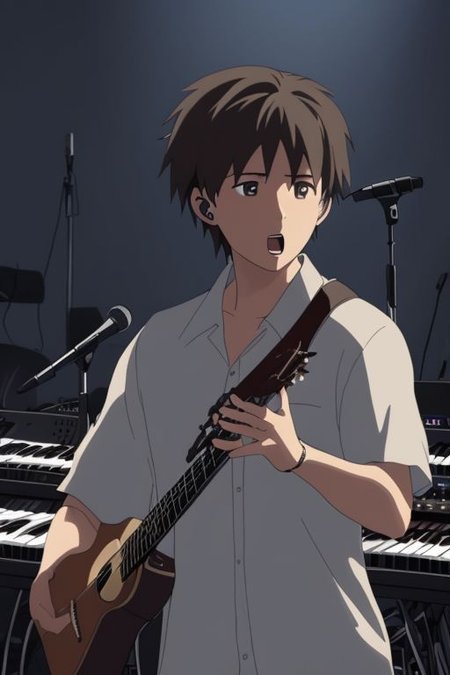 high resolution, solo, best quality, 1Boy, Takaki Toono, Brownish Hair, Brown Eyes, singing, portraits, dept of field, virtual concert, playing musical instrument, OverallDetail