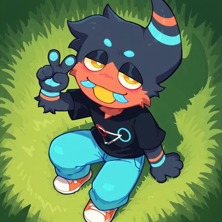2d, solo, 1boy, Gregoriah, male, humanoid, creature, black fur, orange fur, multicolored fur, yellow sclera, yellow pupils, cyan round eyebrows, orange irises, single horn, orange and cyan stripes on horn, cyan pawpads, head tuft, cyan and orange stripes on arm, cyan tusks, cyan teeth, black t-shirt, cyan pants, black and orange sneakers, 

BREAK sitting on grass, from above, looking at viewer, open mouth smile, yellow-inner mouth, v, peace sign, outside, outdoors, half closed eyes

BREAK best quality, amazing quality, very aesthetic, absurdres, newest, masterpiece, high quality