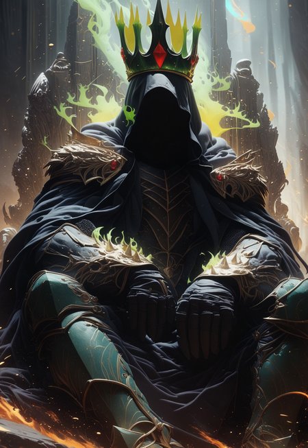 score_9, score_8_up, rating_safe,
a king sitting on the throne, hood, faceless, long hood, (wearing a crown), green flames surround him, mysterious, magic surround him, soul knight, darkness power, evil