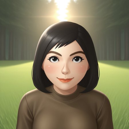 score_9, score_8, BREAK, solo, wii, mii, wii sports, 1girl, female mii, black eyes, black hair, brown eyebrows, lips, brown clothing, white pants, shoes, nintendo mii, modern_mii, classic_mii, breasts, misaki_\(\\wii_sports\\\), cute, blush, sexy pose, smile, outdoors, sunlight, shadows, evening lighting, natural lighting, forest, trees, grass, orange sky, sunset
