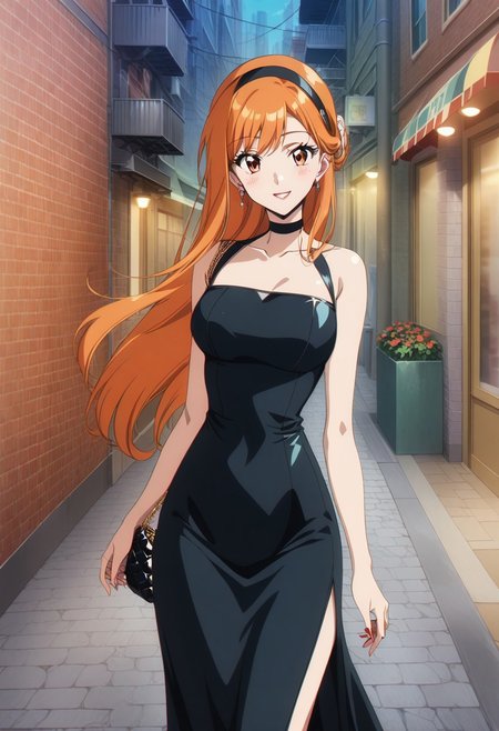 score_9, score_8_up, score_7_up, score_6_up, source_anime. 
BREAK 1girl, solo
BREAK orange hair, orange eyes, long hair, swept bangs, half-updo, Dongtan dress, black dress, glamorous, glitter, hair flip, handbag, hairband, smile, blush, outdoors, city, sidewalk, street, retro artstyle
