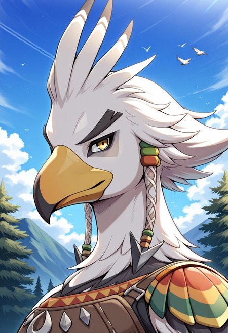 best quality, newest, absurdres, highres, Anthro,bird,Teba,yellow eyes,white fur,beak,face focus,outdoors