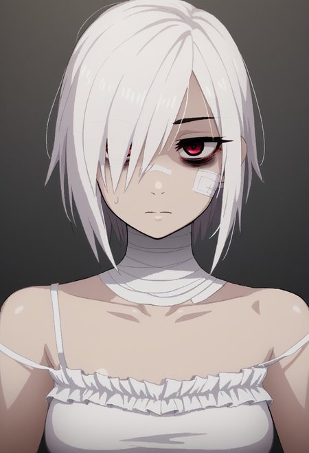 score 9 up, score 8 up, solo,1girl, white hair, hair over one eye, two-tone eyes, pink eyes, red eyes, white clothing, spaghetti_strap, oversized blouse, breasts, bags under eyes, mascara, bandaged_neck, bare legs, aliasing, SignalisArtStyle