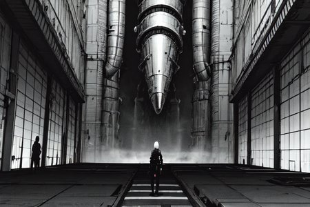 highly insanely detailed, masterpiece, top quality, best quality, highres, 4k, 8k, RAW photo, (very aesthetic, beautiful and aesthetic),  
tsutomu nihei,nihei_tsutomu,blame!,blame gakuen!,abara,TNstyle,sidonia_no_kishi,(deep horizon,tower),concrete walls,metal walls,dark sky,black sky,fence,empty,open space,dark background,science fiction,vast scenery,perspective, 
<lora:blameLora_v10:0.7>, 
(1girl:1.3), 
solo focus, 
roman architecture background,âââ