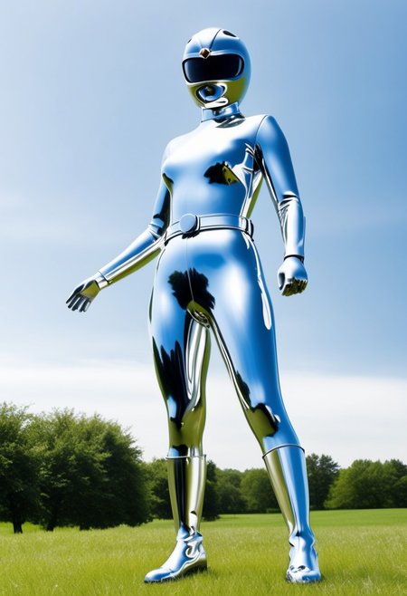 chrome statue of bald female yellow-power-ranger, alone, morphed, chrome helmet, chrome catsuit, chrome gloves belt boots holster, entirely made of chrome, standing square-on, in rural park, arms slightly-outstretched, full body photo, hyperdetailed photography