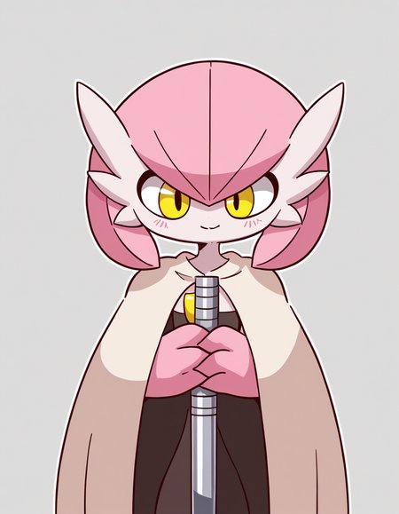 zPDXL, score_9, score_8_up, score_7_up, source_anime, 1girl, solo,
 <lora:diives_v2:1> diives, (portrait), <lora:Petunia_v2:0.8> petunia, pink hair, pokemon \(creature\), colored skin, gardevoir, short hair, white skin, flat chest, alternate color, yellow eyes,, happy, crossed_ankles, jedi wearing a heavy Jedi cloak,wide leather belt with compartments,worn-out Jedi boots,  meditation beads, holding a lightsaber with white blade