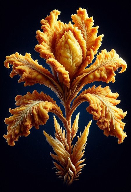 (sculpture iris flower made of deep fried & crispy breading:1.25), DFC, (breaded:0.3), perfect composition, elaborate, (ultra realistic:1.1), detailed background, masterpiece, best quality, highly detailed, hyper-detailed, uhd, vibrant colors, extremely detailed, exquisite detail, intricate, ultra-realistic, ultra-detailed, safe_pos