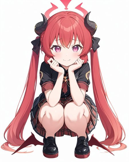 junko \(blue archive\),1girl, squatting, solo, halo, horns, twintails, red_skirt, looking_at_viewer, black_footwear, short_sleeves, full_body, red_wings, pleated_skirt, closed_mouth, blush, white_background, black_shirt, low_wings, smile, plaid_skirt, shoes, looking_to_the_side, simple_background, index_finger_raised, fang, slit_pupils
<lora:junko_(blue_archive)_image691_2023-11-28-000012:1>halo. gorgeous,key visual, vibrant, studio anime,award-winning, professional, highly detailed,high budget, cinemascope
