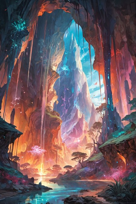 Landscape,Landscape creator,A Crack in Realityto other world,  A cave system breathing through crystal lungs stalactites dripping liquid mathematics,  sky fracturing into stained glass panes, Vines bearing petals containing miniature ecosystems, eruptions synchronized with planetary alignments, thermals carrying disintegrating hieroglyphs, Art painting by Ross Tran and Kentaro Miura and Ralph Horsley, featured on Jason de Graaf,,
<lora:extremely_detailed:0.7> extremely detailed ,
<lora:add-detail-xl:0.7>,
 <lora:softdigital2x2:0.15>,
 <lora:EpicF4nta5yXL:0.3>,, Magic realism painting art style, surreal compositions, vibrant colors, blurs the line between reality and fantasy