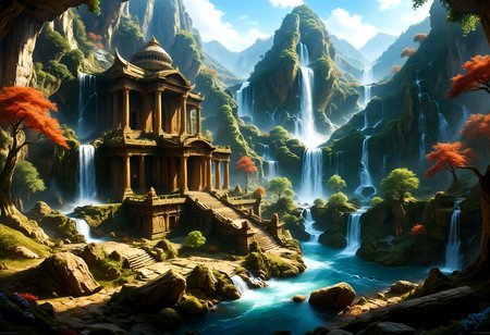 cinematic still Fantasy still The Lost valley, midday, ral-fntsyrlms, (old temple:1.1), waterfall, volumetric light . emotional, harmonious, vignette, 4k epic detailed, shot on kodak, 35mm photo, sharp focus, high budget, cinemascope, moody, epic, gorgeous, film grain, grainy, HDR photo of Fantasy still The Lost valley, midday, ral-fntsyrlms, (old temple:1.1), waterfall, volumetric light . High dynamic range, vivid, rich details, clear shadows and highlights, realistic, intense, enhanced contrast, highly detailed, ethereal fantasy concept art of  Fantasy still The Lost valley, midday, ral-fntsyrlms, (old temple:1.1), waterfall, volumetric light . magnificent, celestial, ethereal, painterly, epic, majestic, magical, fantasy art, cover art, dreamy, Fantasy still The Lost valley, midday, ral-fntsyrlms, (old temple:1.1), waterfall, volumetric light, elegant, highly detailed, extremely complex, focused, iconic, deep aesthetic, cinematic, intricate, very beautiful, stunning, epic, striking, rich colors, amazing, inspiring, thought, elite, surreal, extraordinary