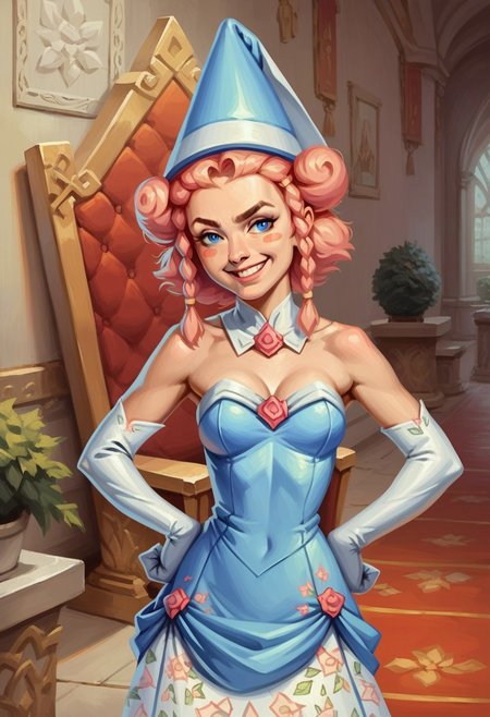 score_9_up, score_8_up, score_7_up, score_6_up, 1girl, solo, Pr1ncess_B, pink hair, blue eyes, twin braids, blue headwear, strapless blue dress, floral print, white elbow gloves, blush stickers, adult, (painted art), standing, indoors, throne room, hands on hips, smug smile, (realistic, painted art)