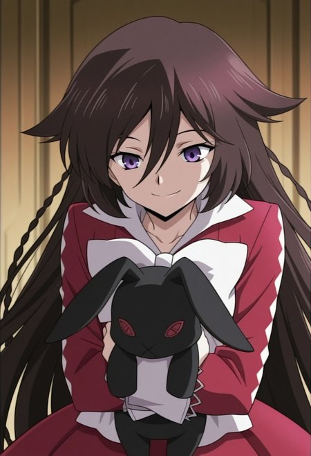 masterpiece,best quality,amazing quality, source_anime, 
PHalic, 1girl, solo, purple eyes, brown hair, very long hair, braid, dress, red dress, bow, white bow, smile, stuffed rabbit, black rabbit,