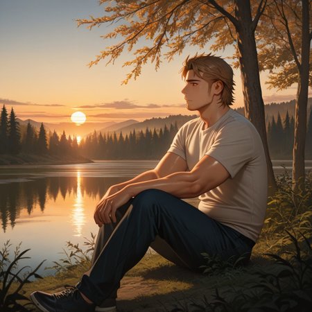 masterpiece, best quality, amazing quality, absurdres, newest, detailed background, definition so sharp, Ultra-HD, 8K cinematic, very awa, impressionate, amazing quality, highres, 
solo, male focus, manly, plump, shadow, shiny skin,
ekusoushizumu, ekusou_brunette, ekusou_orange eyes, 1boy, short hair, sideburns, stubble, nature, forest, sunrise, sunset, calm_waters, misty, golden_hour, peaceful_atmosphere, contemplative, walking, sitting_by_lake, soft_light, lush_foliage
