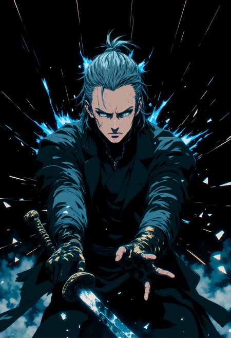 masterpiece, illustration,fantasy, best quality,concept art. A man with slicked-back gray hair holding a katana with one hand, a man wearing a long black coat. Close-up of a man attacking with a sword, cutting through the darkness. a masterpiece, a cinematic frame, a flash of blue energy in the form of linear rays, a minimalistic black background in the form of broken glass. cinematic lighting, a face illuminated by flashes of light, masculine facial features expressing strength and a sparkle in the eyes.Gloomy deep tones, <lora:FLUX-daubrez-DB4RZ-v2:0.5>,style painting, <lora:anime_martzv2:0.5> anime_martz, anime_source, <lora:MJanime_Flux_LoRa:0.9> Anime style,  <lora:NeonFantasyFLUX:0.7> ,ne0nfant4sy, <lora:lora:0.8> dmc5vergil, black coat, fingerless gloves, pants