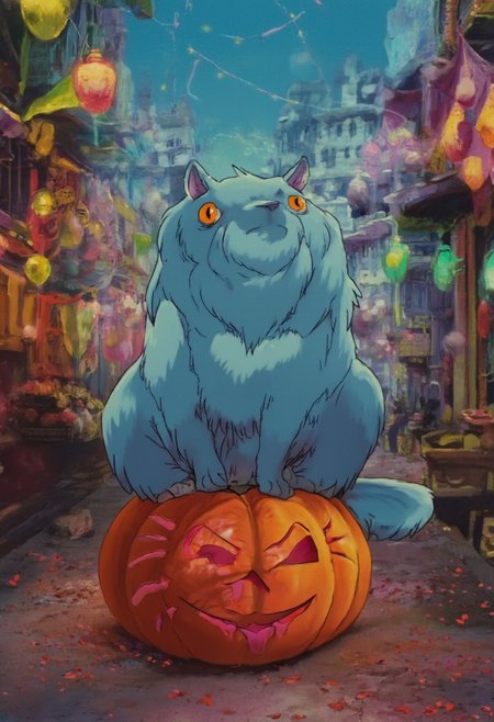 Depressed Colorful, Realistic, analog photo, very detailed, 4k, photo of a Halloween scene from the animated Studio Ghibli movie Spirited Away: A fluffy blue cat with piercing yellow eyes sits regally atop a carved pumpkin in a spooky Halloween festive marketplace. Surrounding it are vibrant lanterns and colorful fabrics fluttering in the breeze.