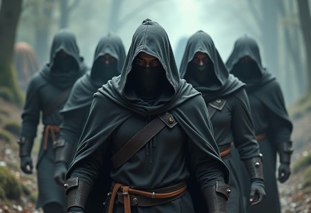 a photo-realistic party of dnd adventurers in a highly cinematic setting, highly detailed, all with hoods up and faces shrouded in shadow. Driven and determined in purpose, they stride forward with grim determination.