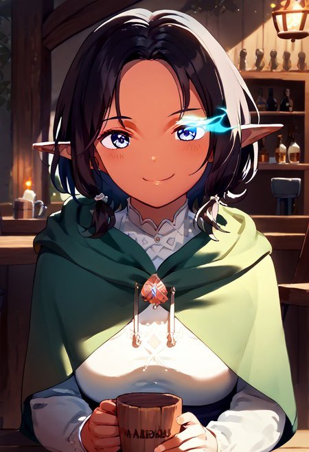 (score_9, score_8_up, score_7_up). 1girl, mature female <lora:age_slider_v4:0.6>, dark elf, pointy ears, dark skin,  black hair, short hair, blue eyes, detail1eye, smile, blush, green hooded cloak, hood on, upper body, close up, frontal view, indoors, tavern, wood cup, <lora:tavern_cup:1>, (color) flaming eye,  (best quality:1.2) , (high quality:1.1) <lora:add-detail-xl:0.5>, <lora:xl_more_art-full_v1:0.5>,