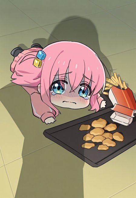 (masterpiece, high quality, amazing detail), highres, apu spills his tendies (meme), gotoh hitori, 1girl, chibi, small, solo, looking at viewer, blush, lying, food, tears, crying, on stomach, tray, tearing up, french fries, tripping, fallen down, shadow,  <lora:apu_spills_his_tendies_meme:1>