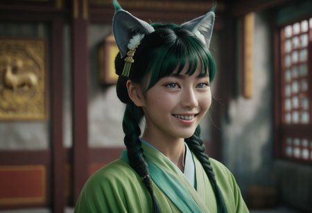 masterpiece, best quality, 8k, amazing quality, photorealistic, scinematic, Volumetric lighting, depth of field, wide angle, cinematic, realistic. 1girl, solo, <lora:Mao Mao:1> ma0ma0_default, green hair, long hair, blunt bangs, hair ornament, twintails, blue eyes, freckles, hair over shoulders, multi-tied hair, half updo, chinese clothes,green hanfu, wide sleeves, long sleeves, looking at viewer, smile, animal ears, cat ears, animal ear fluff, excited, open mouth,