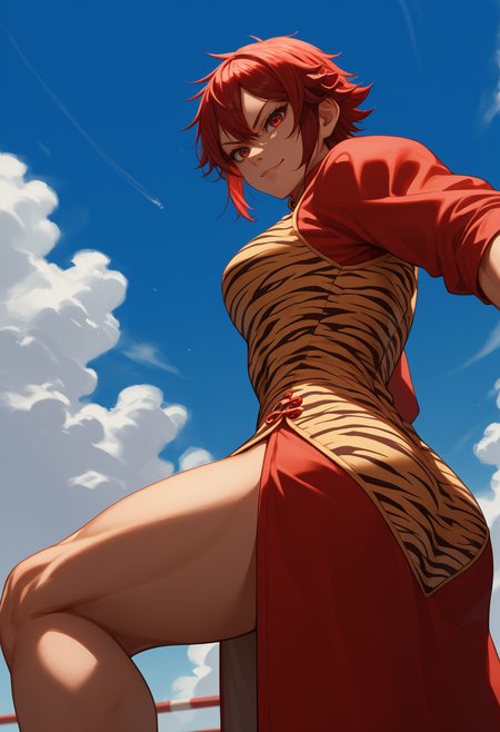 china dress, tiger print, from side, blue sky, smile, looking at viewer, fighting stance, from below, serious, score_9, score_8_up,score_7_up, source_anime, 1girl, solo, <lora:aizwtm_pdxl_EliPot:1>, aizawatomo, red hair, short hair, red eyes, tomboy, toned, muscular female,