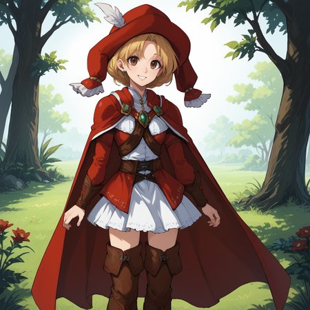 score_9, score_8_up, score_7_up, zPDXL3, <lora:handsEnhancerPXL:1> <lora:cfgScaleBoost:0.4> <lora:Expressive_H:0.8> expressiveh BREAK
cowboy shot, solo, <lora:Elena_Grandia_2_PXL:1> elena_grandia, brown eyes, <lora:Red_Mage_Outfit_Final_Fantasy:1> red_mage_f, 1girl, red headwear, brimmed hat, red hat, skirt, boots, red cape, red shirt, thighhighs, standing, smile BREAK outdoors, nature, plains, greenery, sunlight