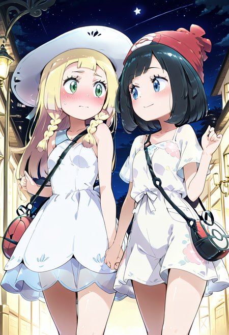 masterpiece, best quality, 2girls, solo, eyelashes, beautiful eyes, bag, black hair, blonde hair, dress, flustered, green eyes, hat, holding hands, Lillie (Pokemon), long hair, multiple girls, night, night sky, Nintendo, Pokemon, Pokemon SM, Selene (Pokemon), short hair, sky, smile, sun hat, sundress  â Lillie and Selene share a tender moment under the starry night sky. Lillie, with her long blonde hair and soft green eyes, wears her signature sun hat and a flowing sundress, looking flustered as she holds hands with Selene. Selene, with her short black hair and radiant smile, dons a stylish sundress, her playful expression glowing against the tranquil night sky. The two girls are surrounded by the soft glow of the night, with a subtle yet serene Pokemon-inspired atmosphere, their bond evident in the gentle hold of their hands.  <lora:LilliePokemon_NAI:0.7>,   <lora:SelenePokemon_NAI:0.7>,    ,<lora:HomuraSubaruNAI:1.0>,